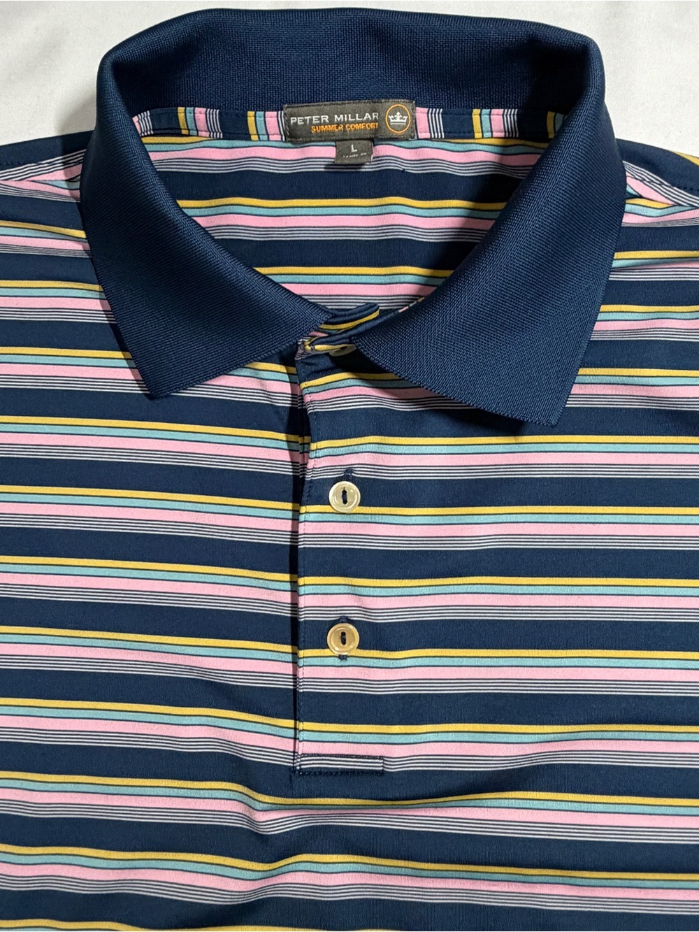 Peter Millar Blue Pink Polo Stripes Golf Performance Summer Comfort Cool